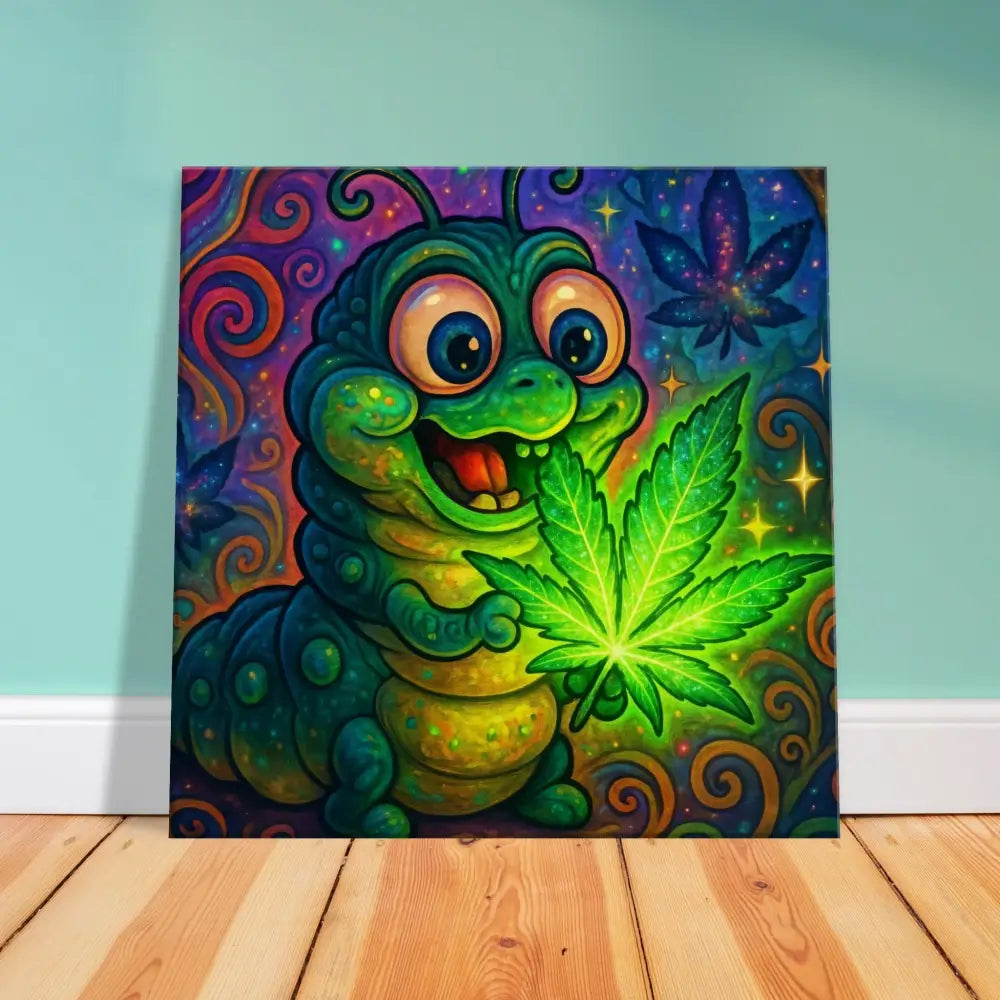 Cartoon caterpillar holding a glowing marijuana leaf on psychedelic wall art Canvas Print