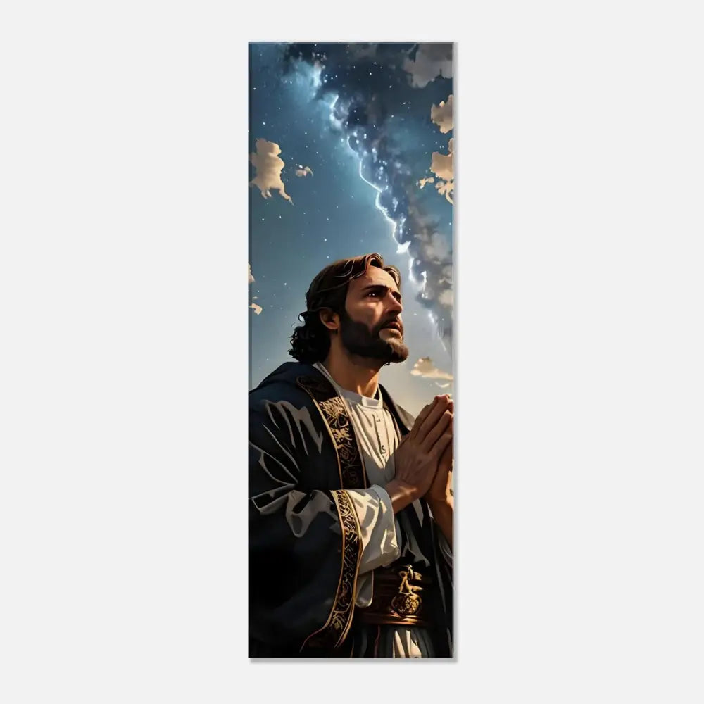 Jesus praying under a stormy sky canvas print for Prayer to the Cosmos by PixiOnyx