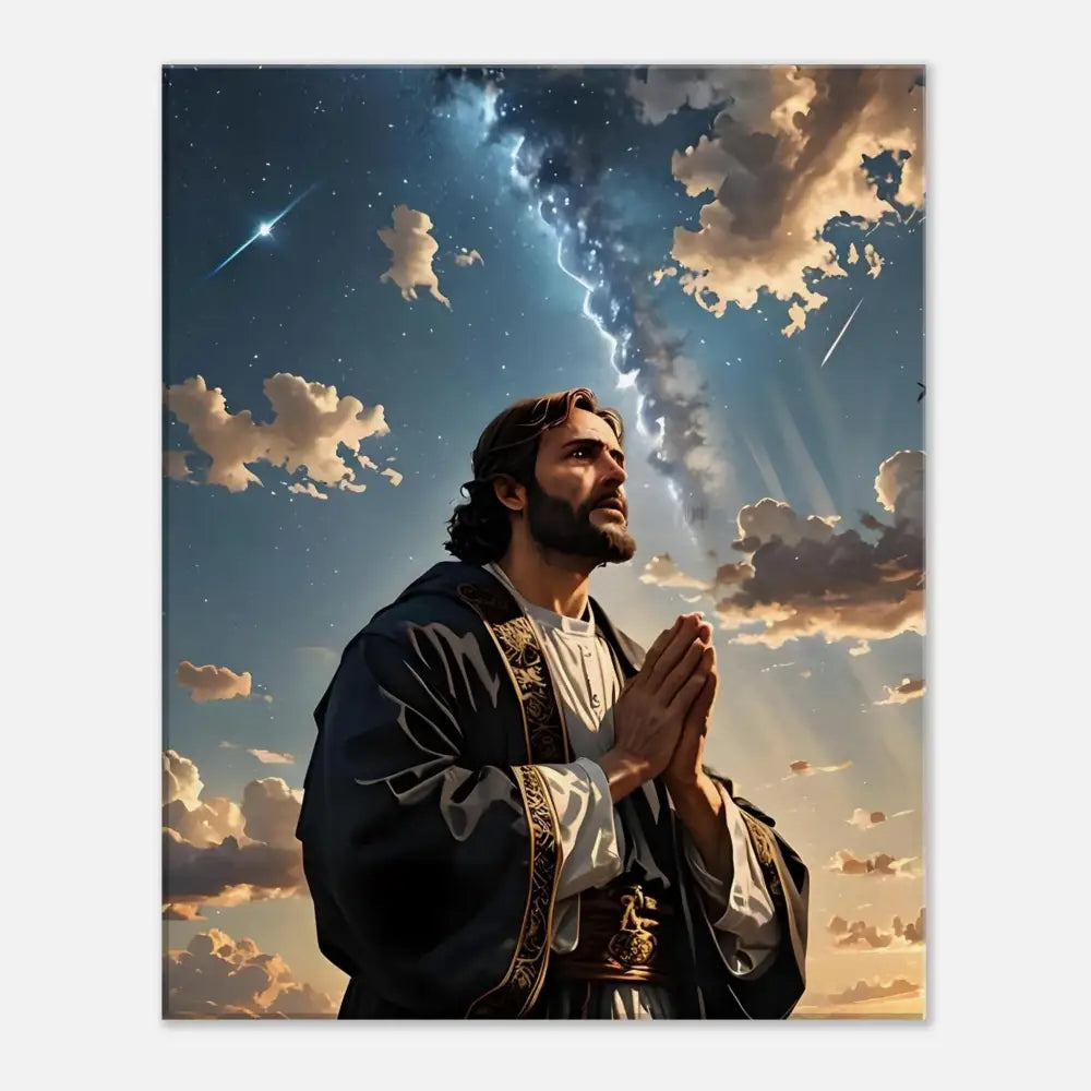 Religious portrait of Jesus praying displayed on Canvas Print Prayer to the Cosmos PixiOnyx