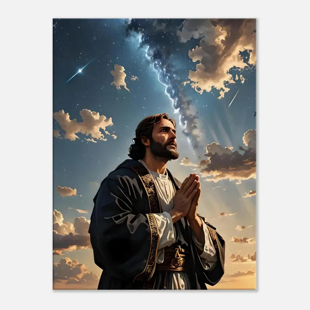Man praying under a dramatic sky displayed on Canvas Print – Prayer to the Cosmos PixiOnyx