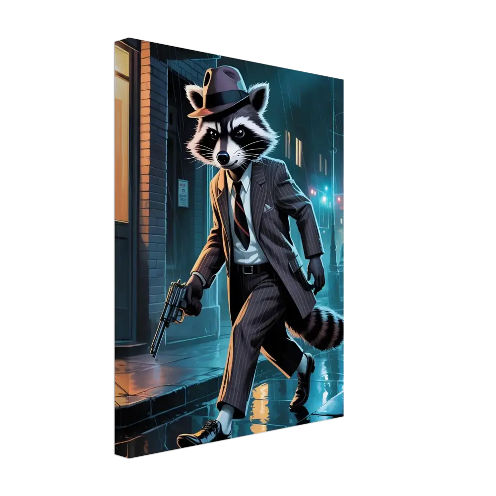 Anthropomorphic Raccoon gangster with stylish attire in urban noir setting