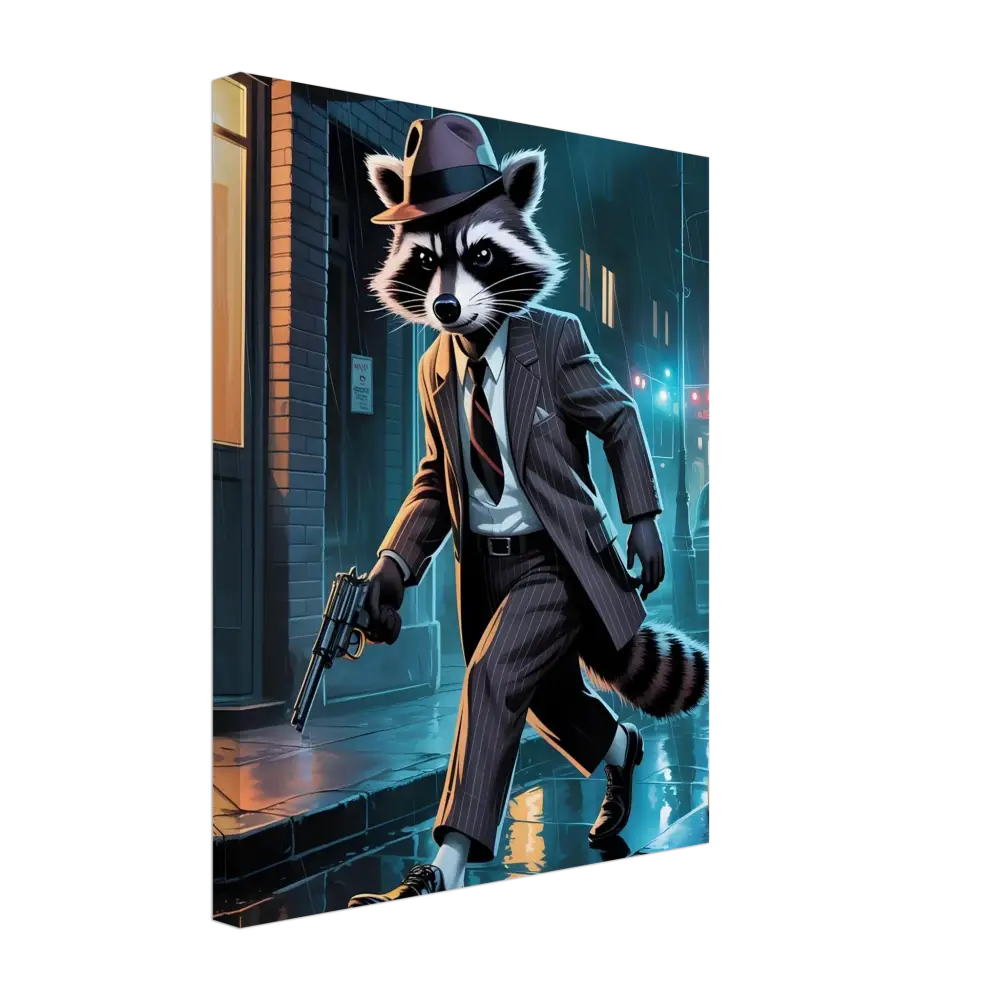 Anthropomorphic Raccoon Gangster in Noir Alley Swagger Canvas Art by PixiOnyx Urban