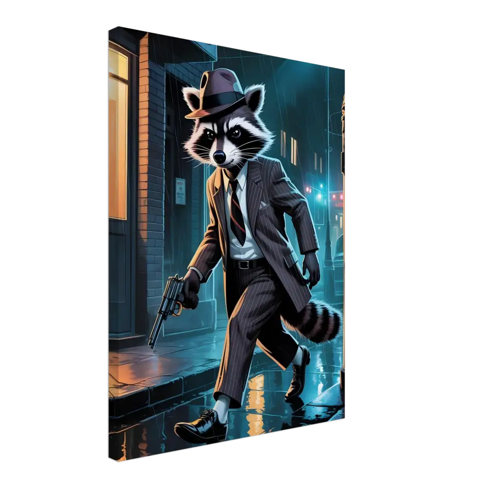 Raccoon mobster with a gun from Canvas Rogue Raccoon Noir Alley Swagger PixiOnyx