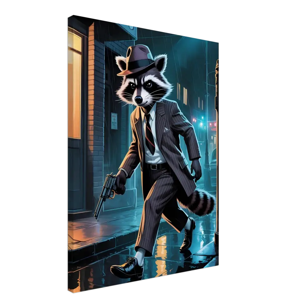 Raccoon gangster with gun character from PixiOnyx Canvas Rogue Raccoon Noir Alley Swagger
