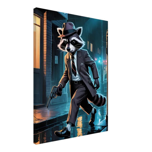 Raccoon gangster with gun character from PixiOnyx Canvas Rogue Raccoon Noir Alley Swagger