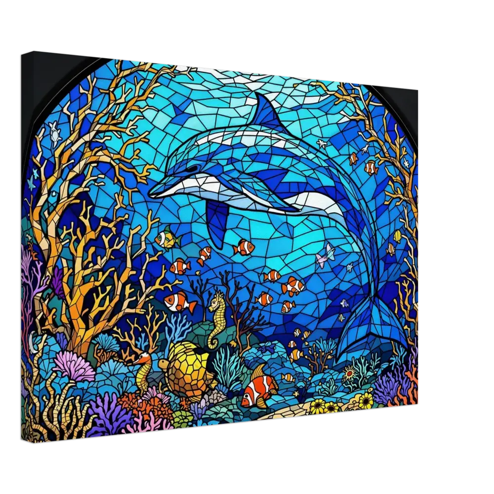 Stained-glass dolphin artwork on Canvas Sea Cathedral PixiOnyx Oceanlight Relic
