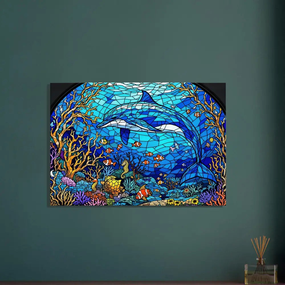 Stained glass dolphin artwork on Canvas Sea Cathedral PixiOnyx Oceanlight Relic