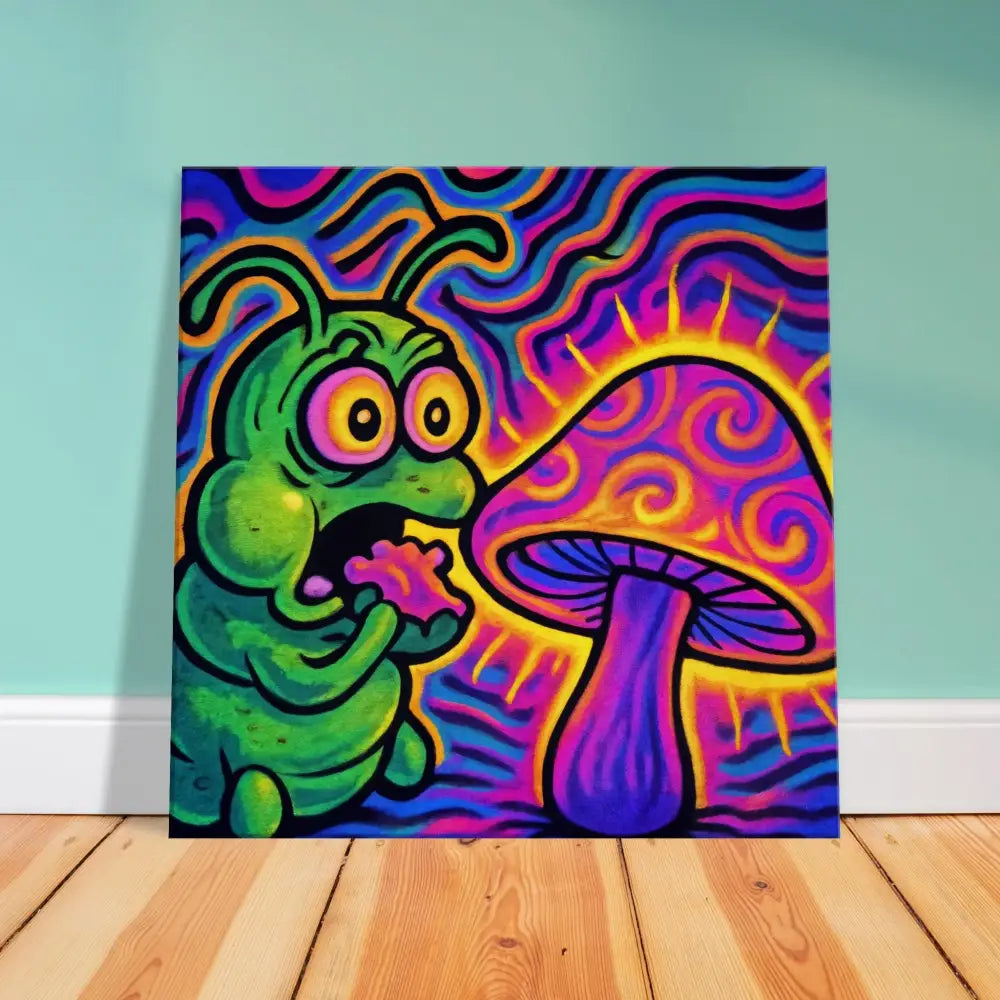 Psychedelic caterpillar and mushroom painting on Canvas Shroomapillar Snack Attack PixiOnyx print