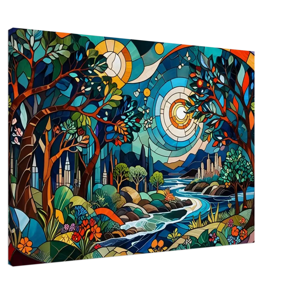 Stained-glass-style landscape painting on Canvas – Stained Horizon by PixiOnyx