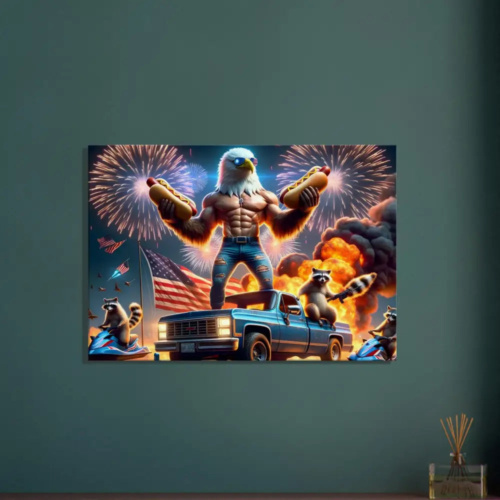 Patriotic eagle-themed artwork on Canvas Stars Stripes Flaming Hot Dogs PixiOnyx Americana