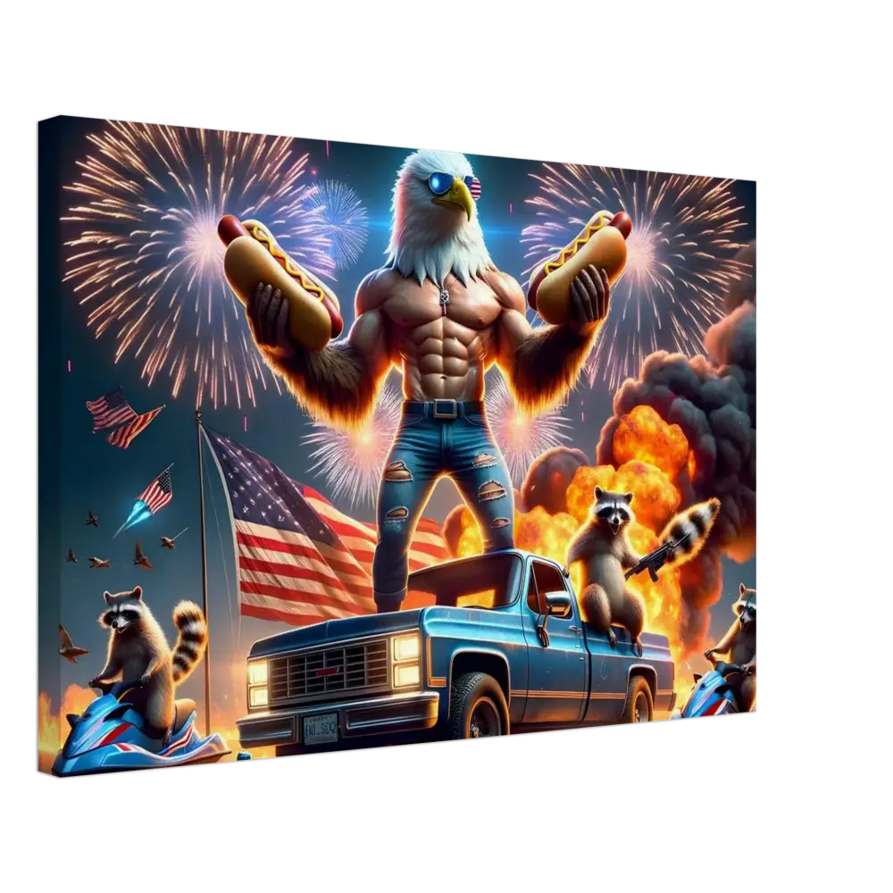Patriotic eagle-human hybrid holding hotdogs in Americana-themed artwork Canvas Stars Stripes Flaming Hot Dogs