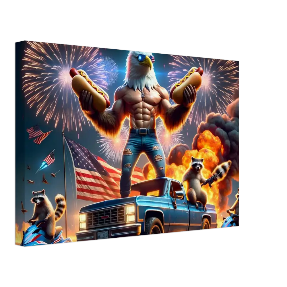 Patriotic eagle-headed muscleman holding hotdogs on the Canvas Stars Stripes Flaming Hot Dogs product