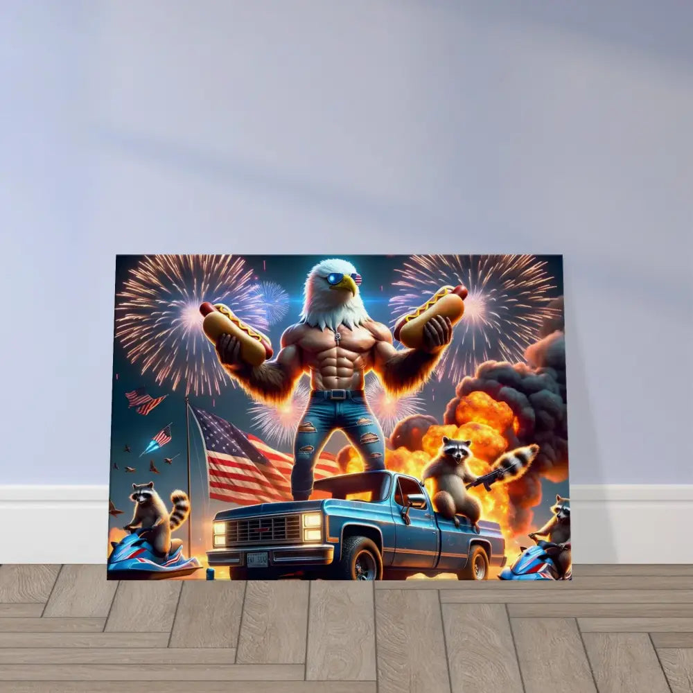 Humorous patriotic artwork on Canvas Stars Stripes Flaming Hot Dogs PixiOnyx Americana