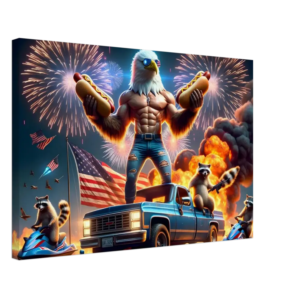 Patriotic eagle-human hybrid holding hotdogs in Americana-themed Canvas artwork