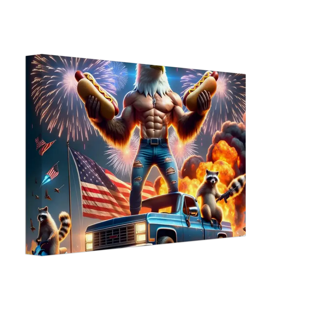Patriotic eagle-headed muscleman holding hotdogs in Canvas Stars Stripes Flaming Hot Dogs artwork