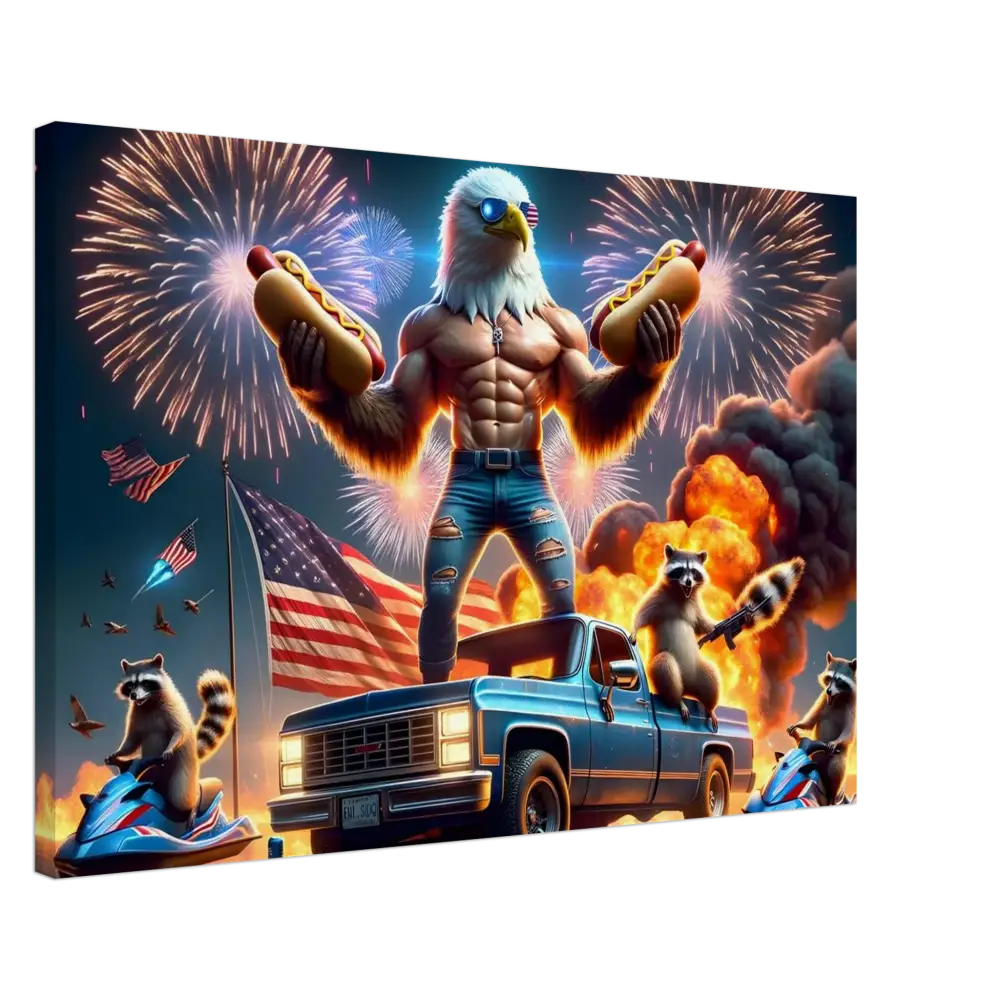 Patriotic eagle-human hybrid holding Hotdogs in Americana-themed artwork Canvas Stars Stripes Flaming Hot Dogs