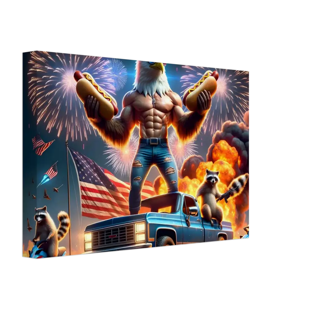 Patriotic eagle-man holding hotdogs on Canvas Stars Stripes and Flaming Hot Dogs artwork