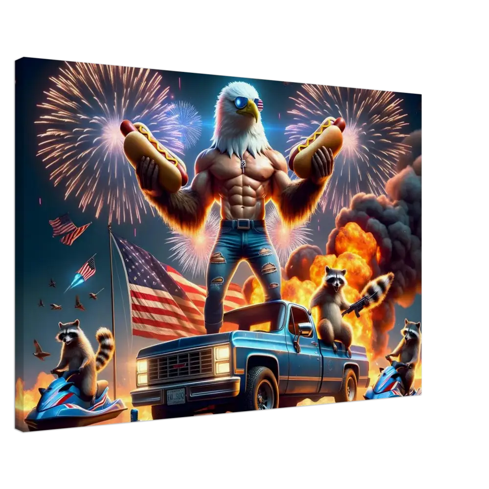 Patriotic eagle holding hotdogs against American flag backdrop on Canvas Stars Stripes Flaming Hot Dogs