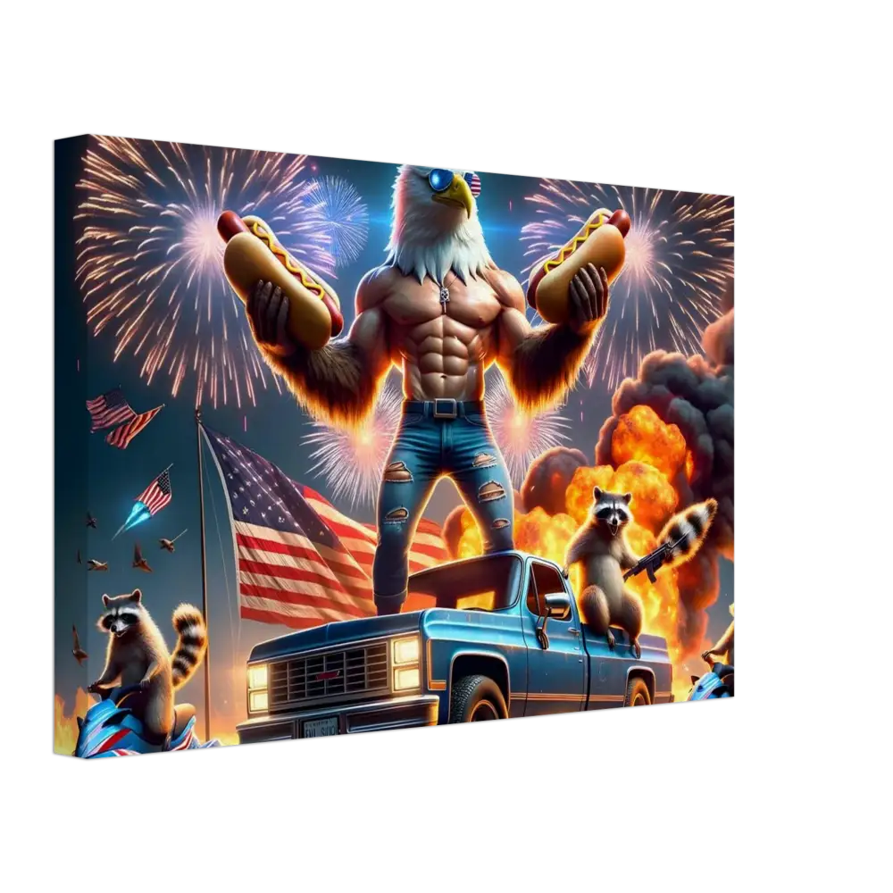 Patriotic eagle-man with hotdogs standing on a truck in Absurdist Americana artwork