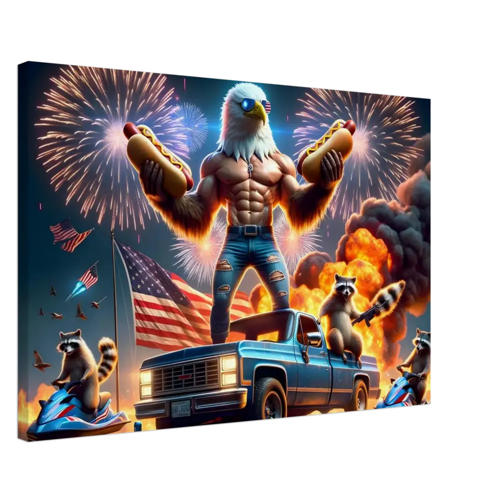 Patriotic eagle-human hybrid holding Hot Dogs on a Canvas featuring Stars and Stripes design