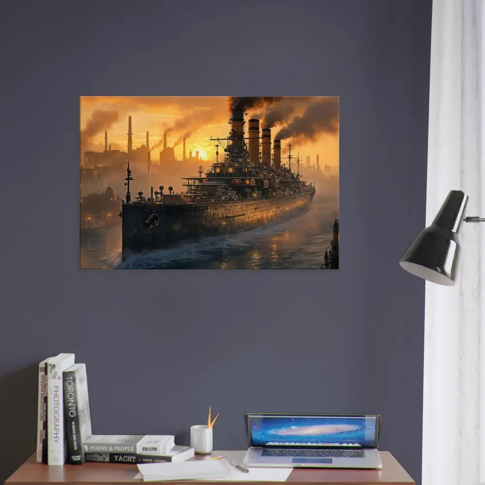 Steampunk battleship with smokestacks and glowing portholes on PixiOnyx Industrial Dreamweave canvas texture