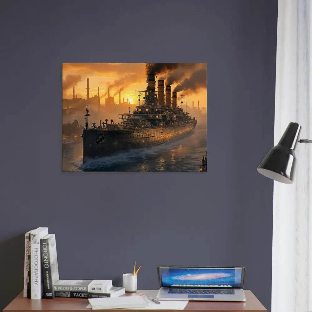 Steampunk battleship canvas print on PixiOnyx Industrial Dreamweave with steam wrapped canvas texture