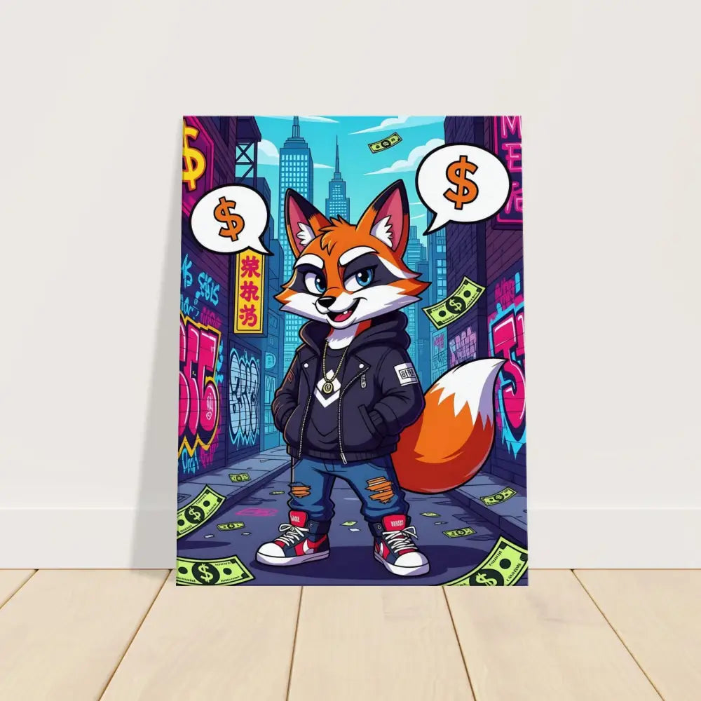 Cartoon fox in streetwear on PixiOnyx Alleyway Canvas titled Canvas Street Hustle Fox