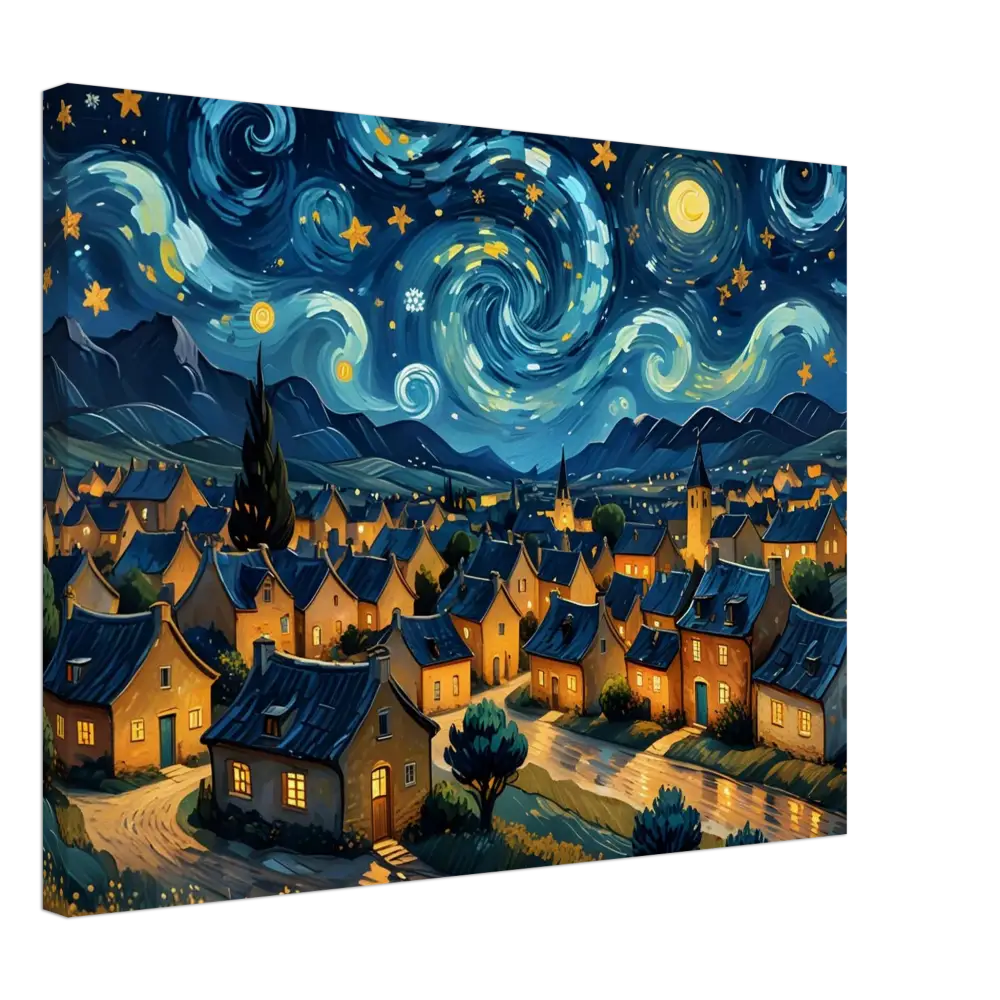Whimsical village scene under a swirling starry night sky on PixiOnyx Dreamscape Canvas