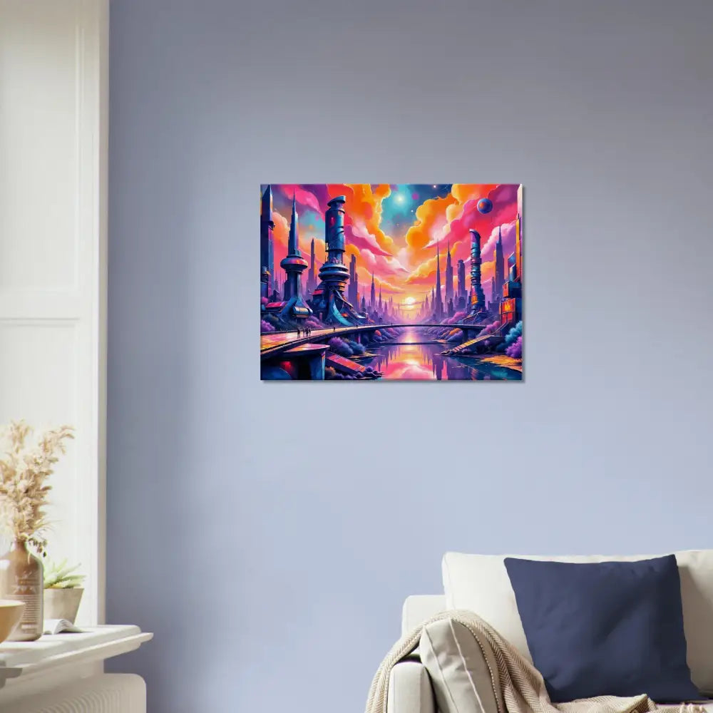 Futurism meets fantasy in a vibrant cityscape painting with gleaming architecture reflects neon-lit river beneath