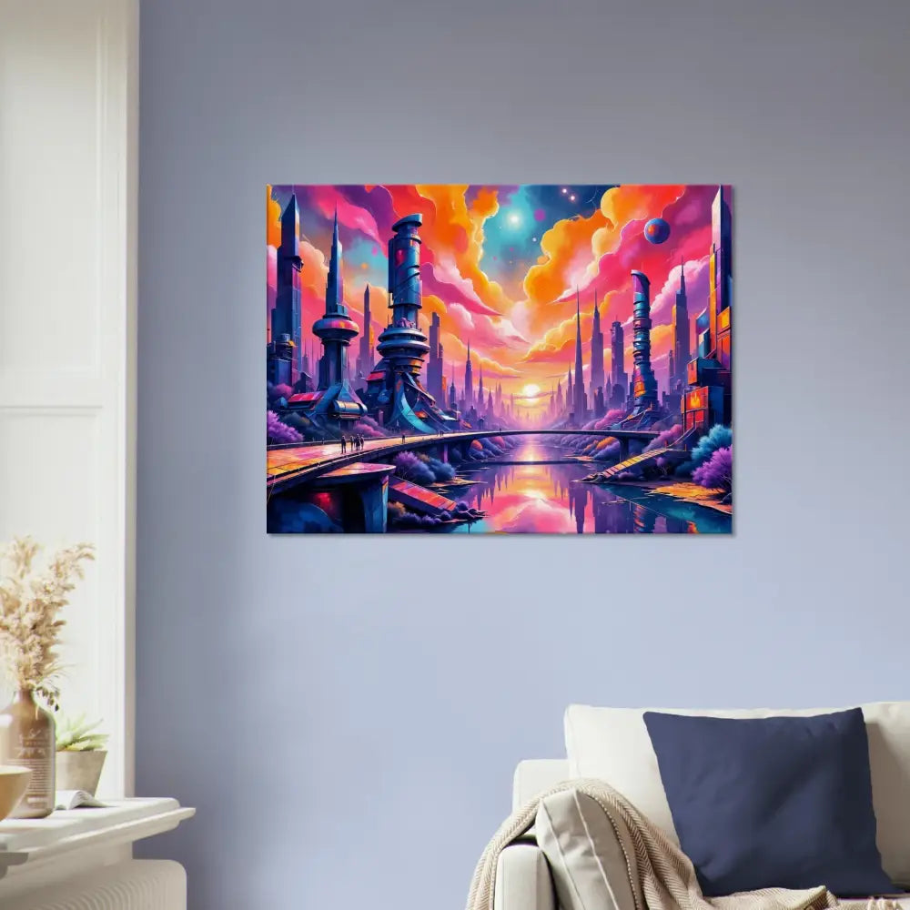 Vibrant Canvas – Symphony of Tomorrow shows futurism meets fantasy with gleaming architecture reflecting neon-lit river beneath at sunset