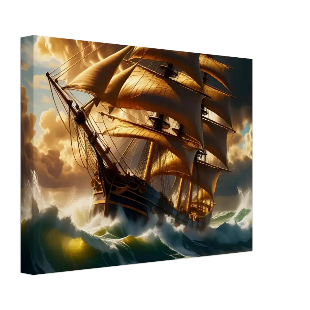 Golden-sailed ship navigating stormy seas on Canvas Tempestbound Sovereign marine print