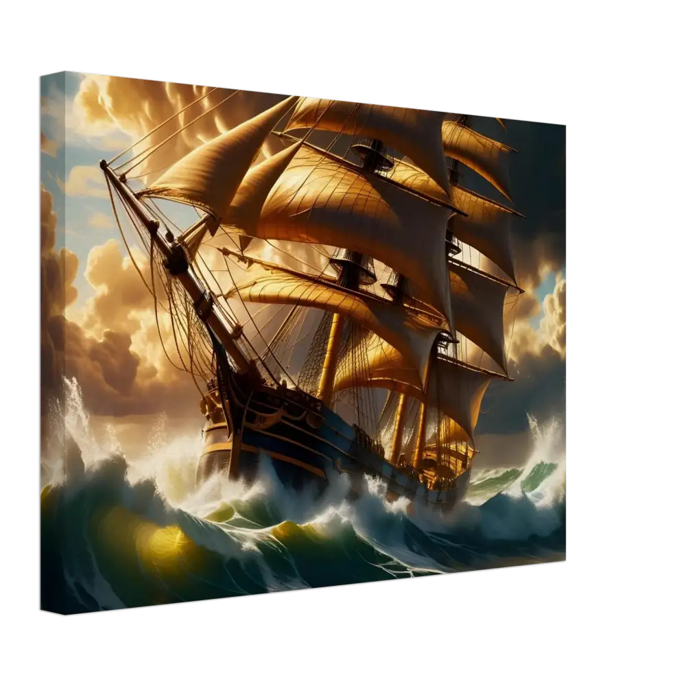 Galleon sailing through stormy seas on Canvas – Tempestbound Sovereign PixiOnyx Marine Power Print