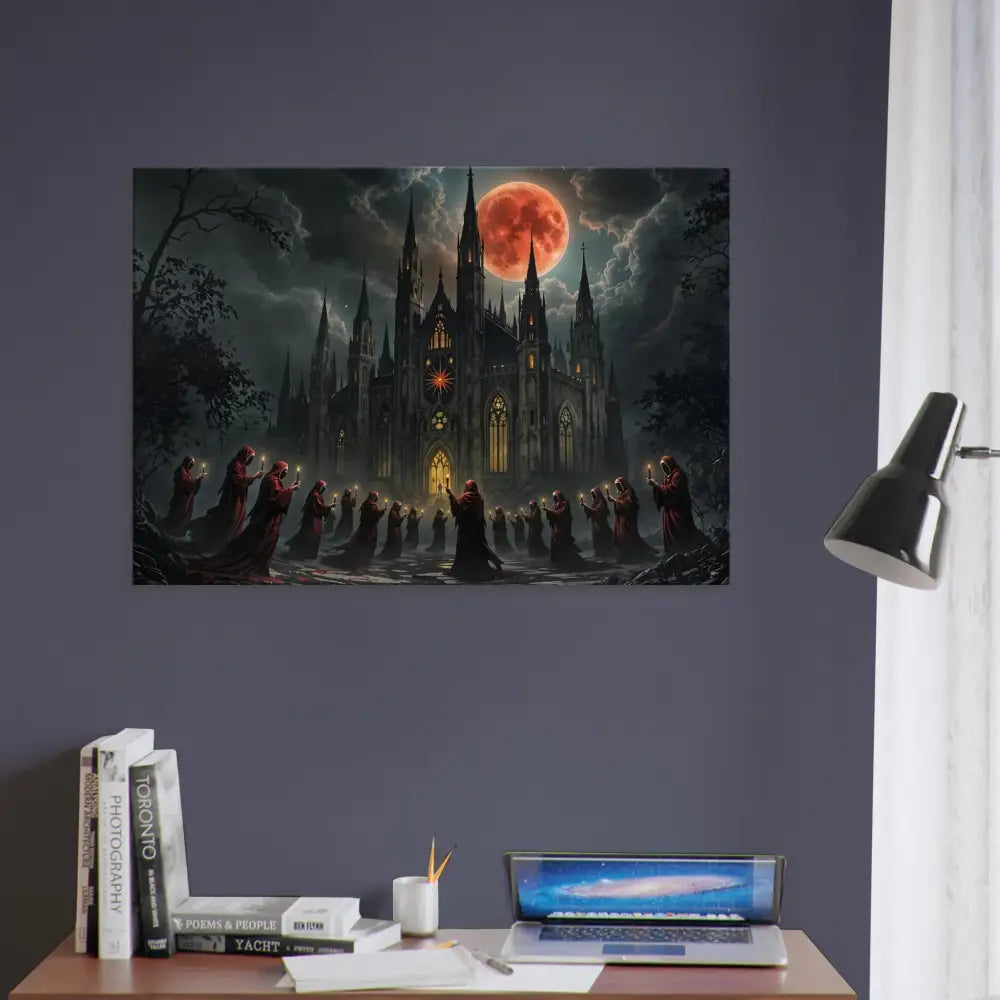 Gothic castle under blood moon with robed figures in PixiOnyx Canvas The Crimson Liturgy edition