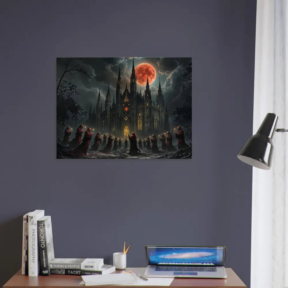 Gothic castle illuminated by a blood moon in the Canvas The Crimson Liturgy PixiOnyx Ritual Dreamscape Edition