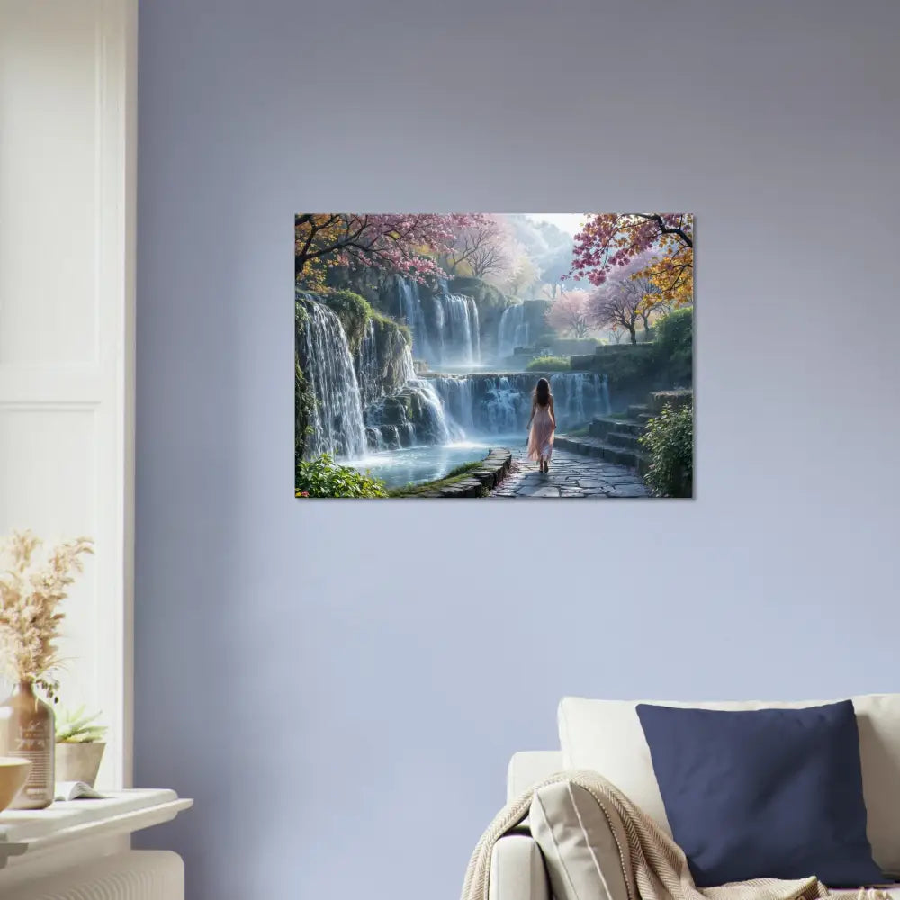 Waterfall landscape art on Canvas The Waterfall Orchard by PixiOnyx Serene Scene Print