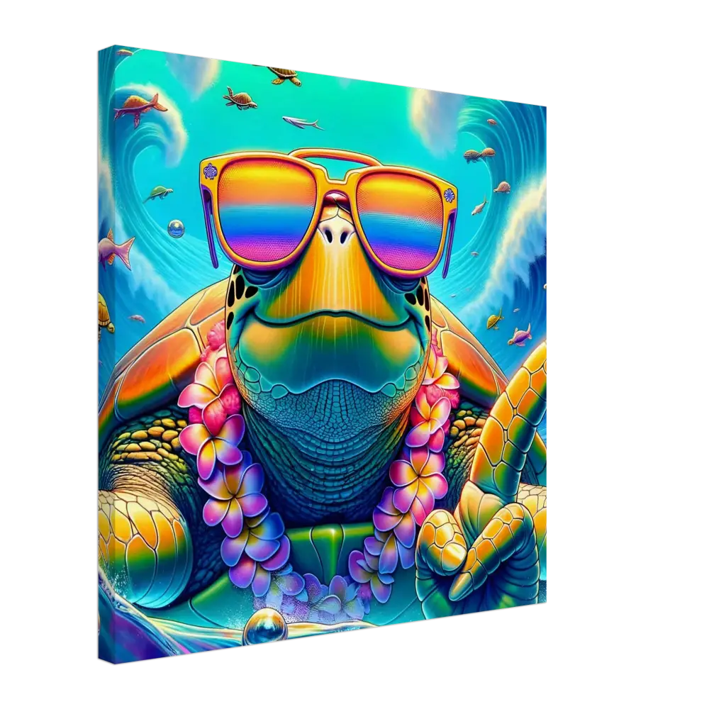 Colorful turtle wearing sunglasses and a lei on PixiOnyx Vibe Art Panel Canvas