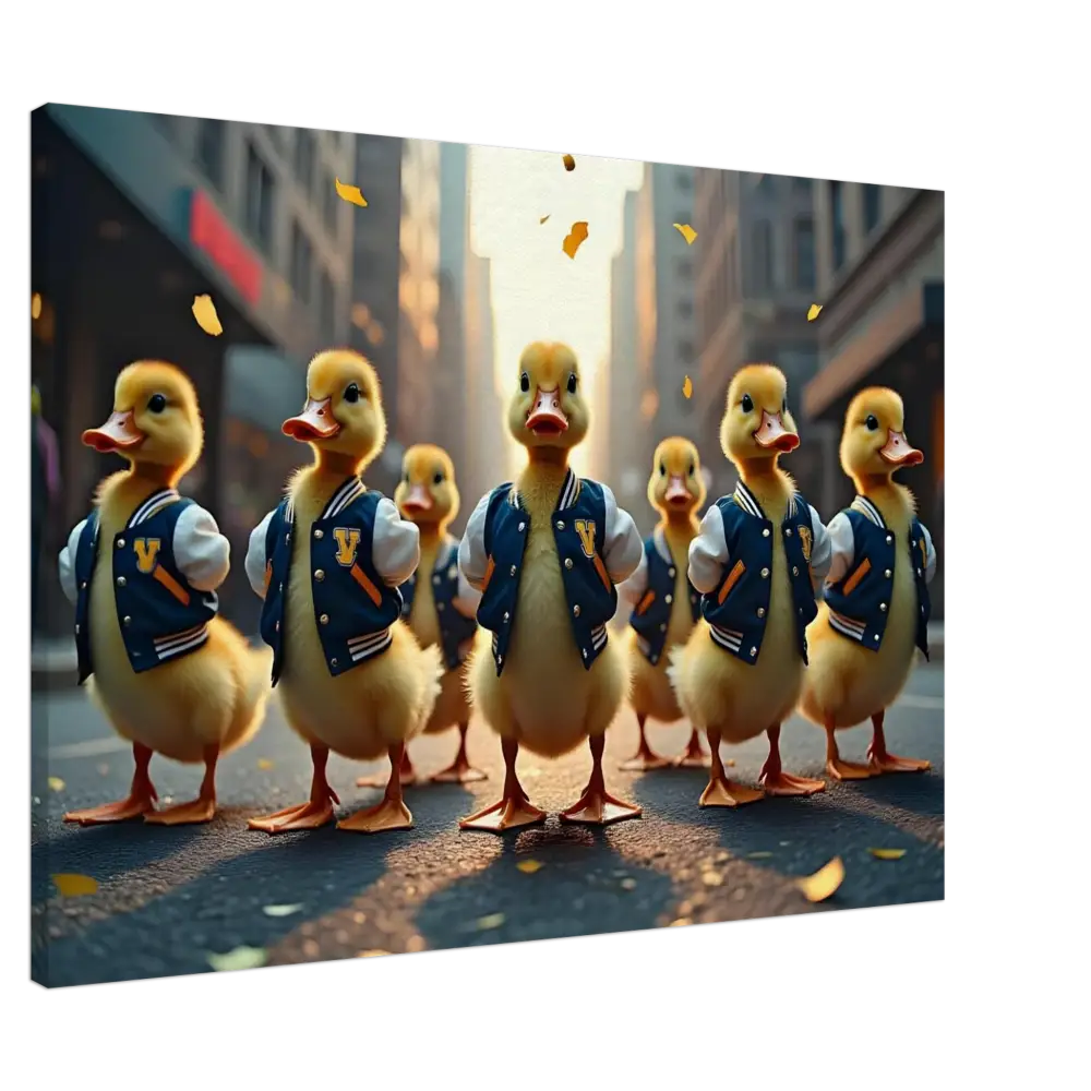 Group of ducklings in varsity jackets displayed as PixiOnyx Urban Whimsy Wall Art