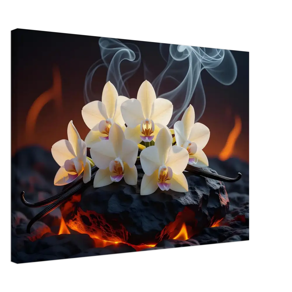 Orchids and vanilla beans resting on volcanic rock for Canvas Volcanic Vanilla product