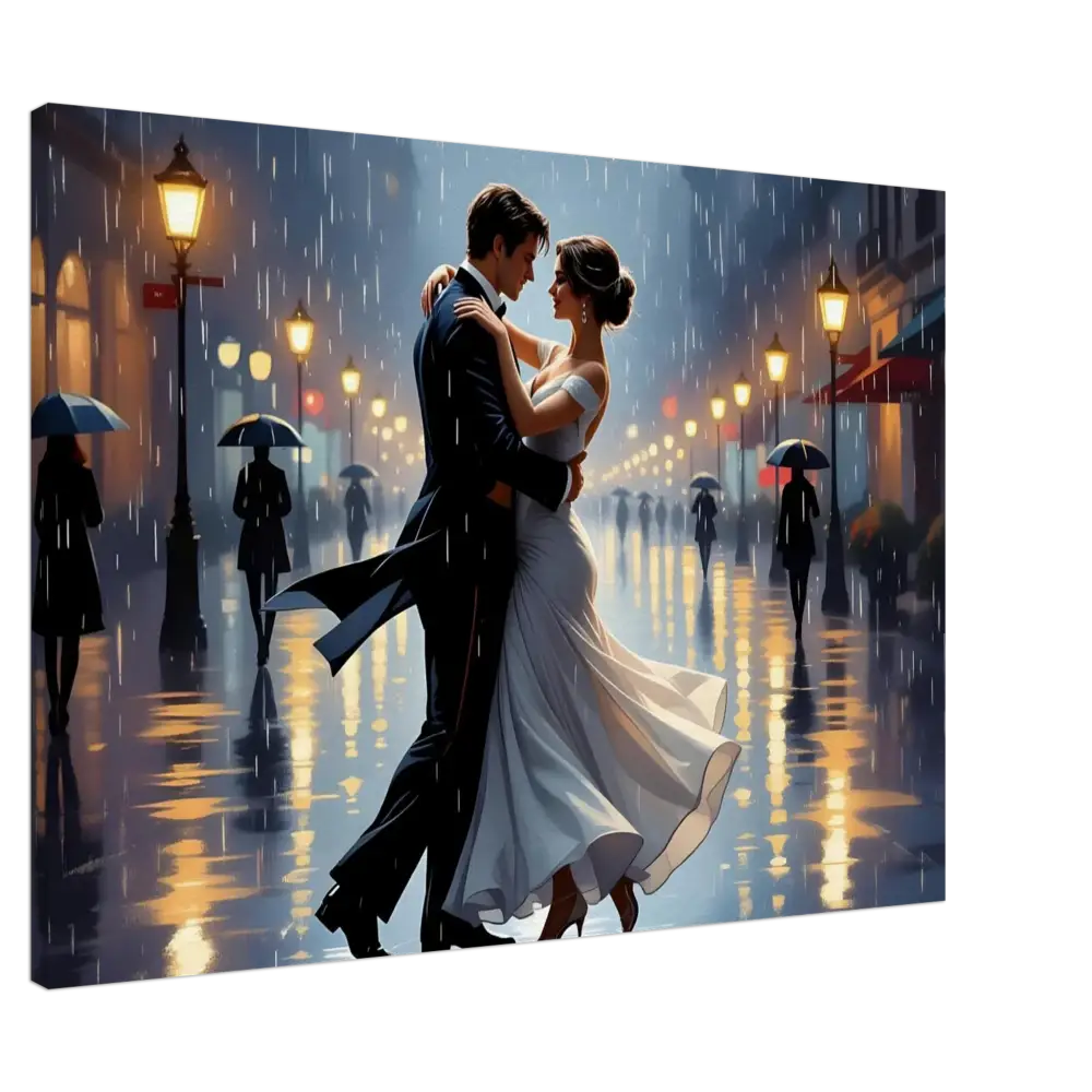 Romantic couple dancing in the rain on PixiOnyx Dreamscape Canvas Waltz in the Rain