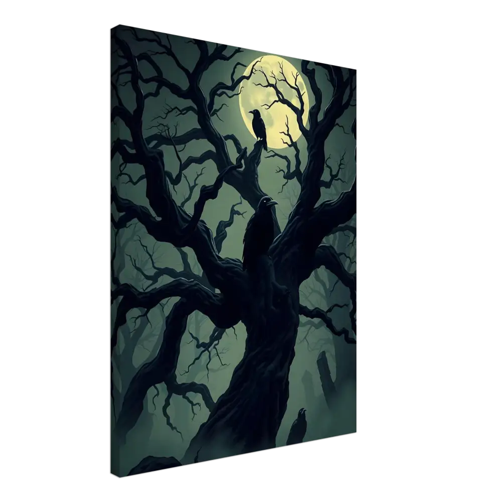 Spooky tree with ravens under a full moon illustration on the Canvas Watcher of the Crooked Moon PixiOnyx Spectral Silence Edition