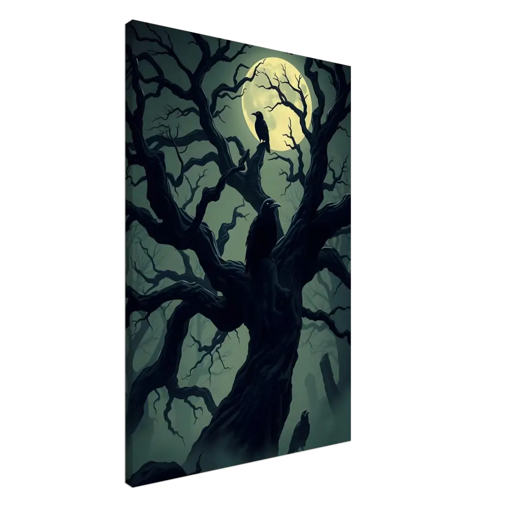 Spooky tree with ravens under a full moon on Canvas Watcher of the Crooked Moon PixiOnyx Spectral Silence Edition