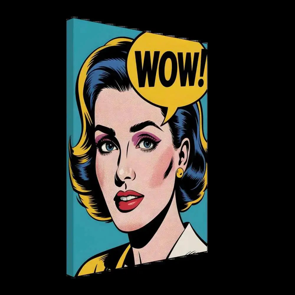 Pop art style woman saying WOW on textured artist-grade cotton-poly canvas with true pop-art flair