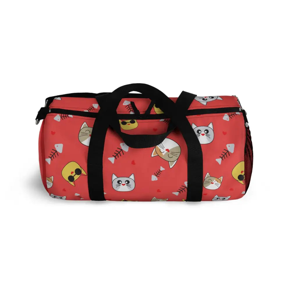 Red duffel bag with playful cat and fishbone pattern, perfect pet travel companion