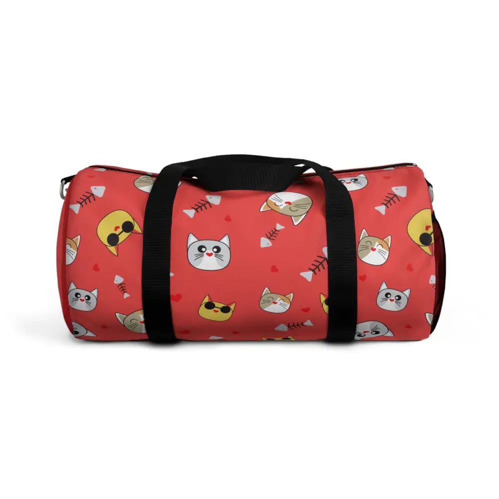Red duffel bag with playful cat and fishbone pattern, perfect favorite travel companion