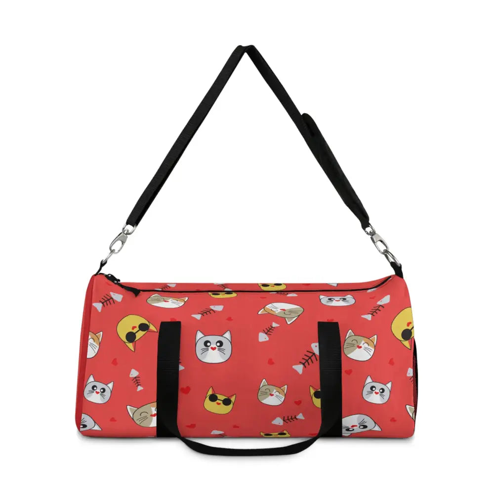 Red duffel bag with playful cat and fishbone pattern, perfect pet travel tote for cat lovers