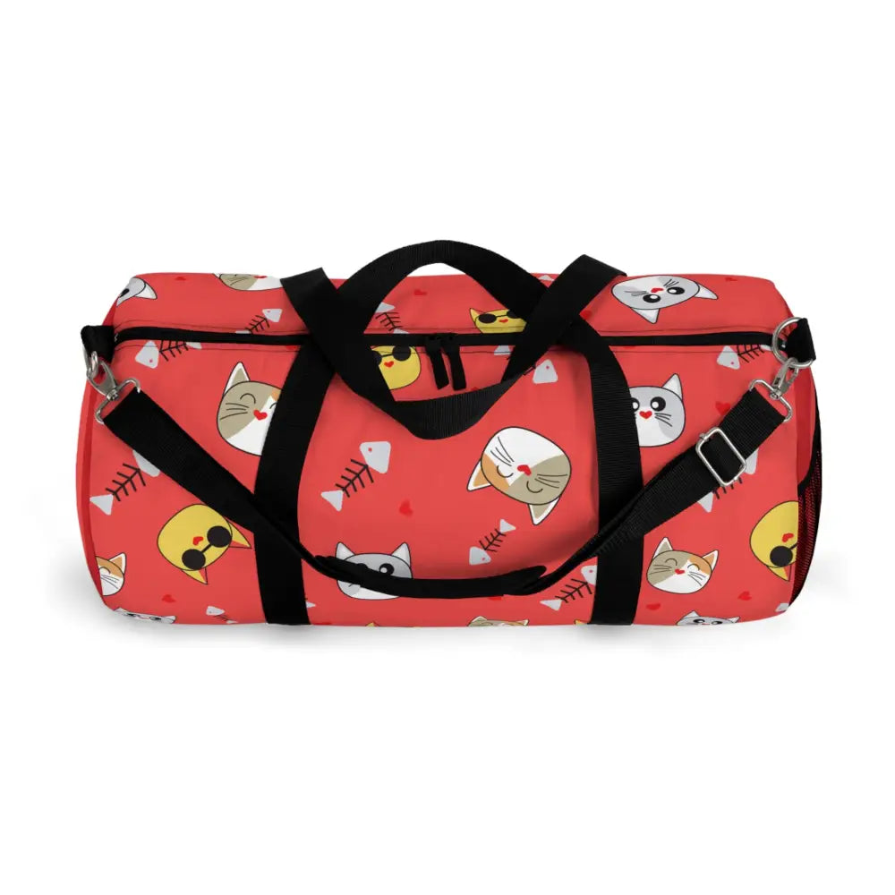 Red duffel bag with cat and fishbone pattern, perfect pet travel tote for cat lovers