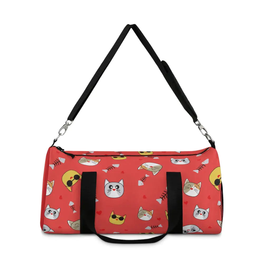 Red duffel bag with cat and fishbone print, perfect pet travel tote and favorite travel companion