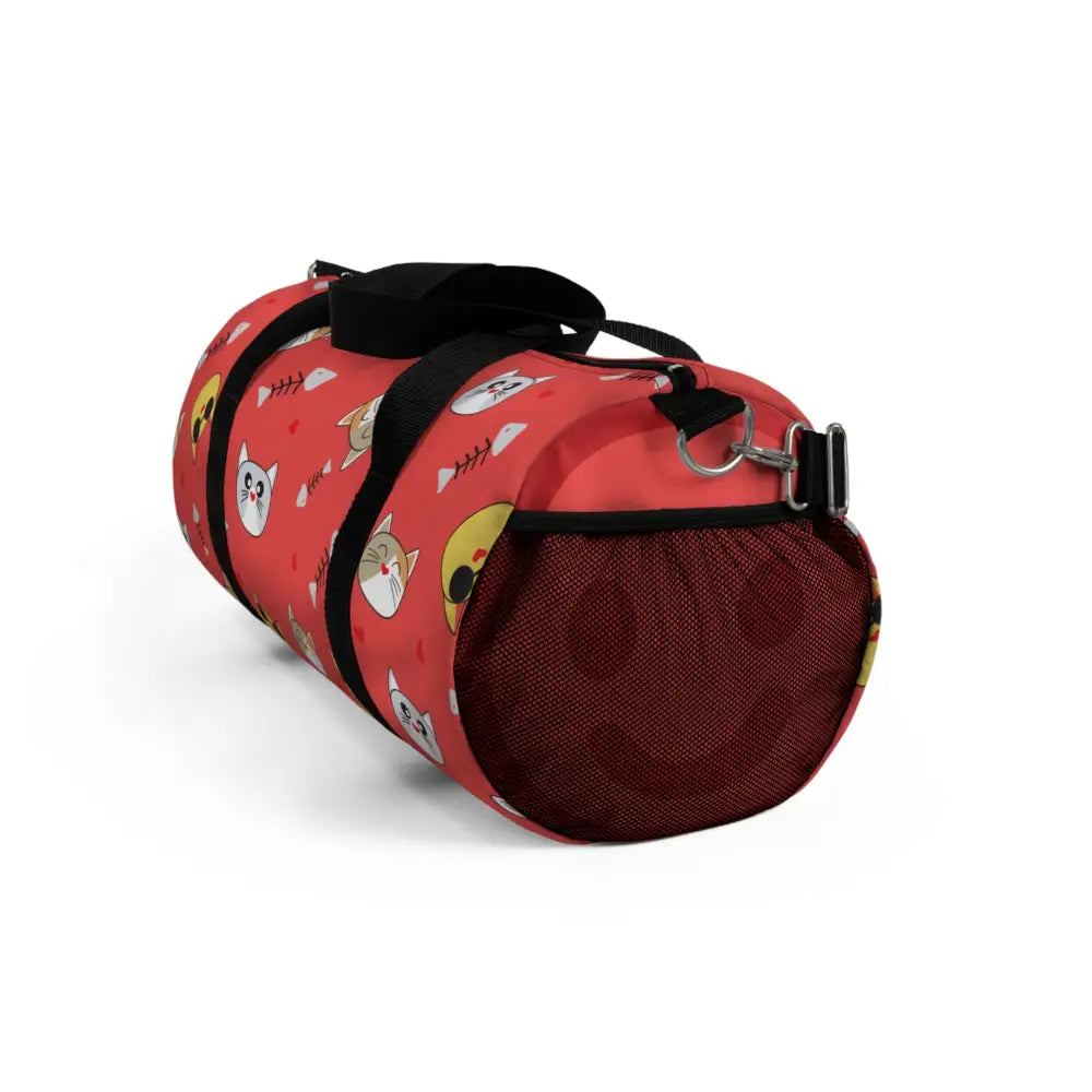 Red duffel bag with cat and fishbone pattern, perfect pet travel companion and gift