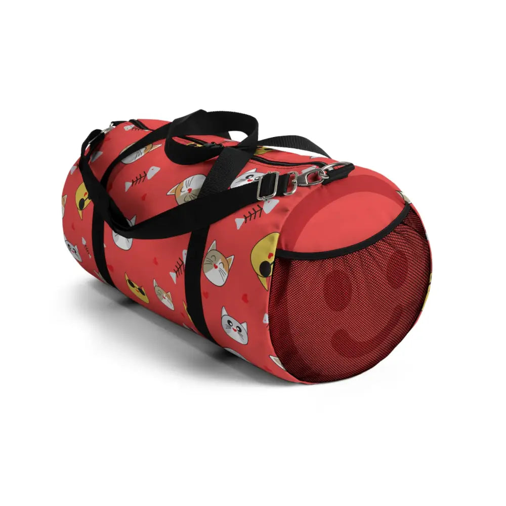 Red duffel bag with cat and fishbone pattern, perfect pet travel companion and gift