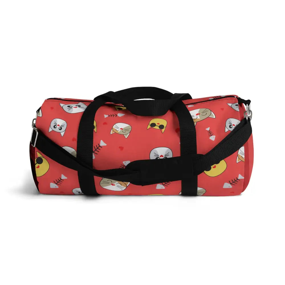 Red duffel bag with cat and fishbone print, perfect pet travel tote for cat lovers